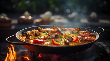 Seafood and rice Spanish paella in large round pan.