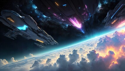 Futuristic spaceship flying in deep space against the background of the planet