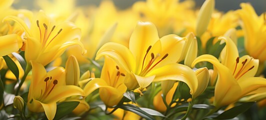 Flowers background banner - Closeup of yellow beautiful blooming lilies, lilie, lilly (lilium) field (Generative Ai)