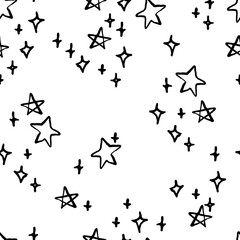 Sparkle Hand Drawn Stars in Black and White Vector Seamless Pattern