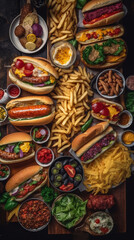 fast food table top view hamburger hot dog snack, ai generation