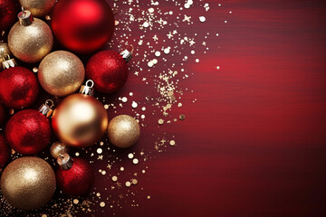 Christmas decorations on red background with a beautiful arrangement of several shiny red and gold ornaments.
