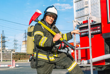 A firefighter wearing a helmet and protective clothing with a breathing apparatus holds an axe on his shoulder.A firefighter is holding onto the ladder step of a fire truck.A lifeguard with a fire axe