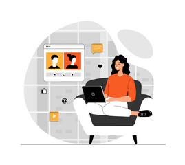 Wireless Internet connection technology. Woman on video conference using online connection. Meeting, social networks, video call. Illustration with people scene in flat design for website and mobile