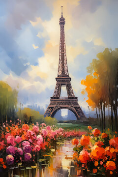 Eiffel tower city painting, ai generated 