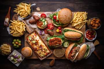 fast food table top view hamburger hot dog snack, ai generation