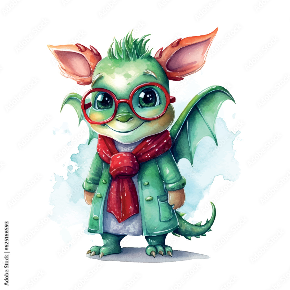 Canvas Prints christmas new year green dragon with glasses watercolor. retro vintage style. sketch drawing.