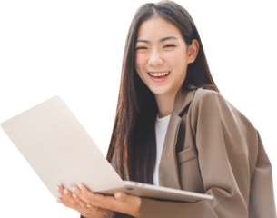 Young business southeast asian woman using laptop computer isolated transparent background