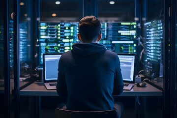 An image depicting a technician using a laptop to configure servers in a modern data center, 
showcasing the active management required in a digital business environment.