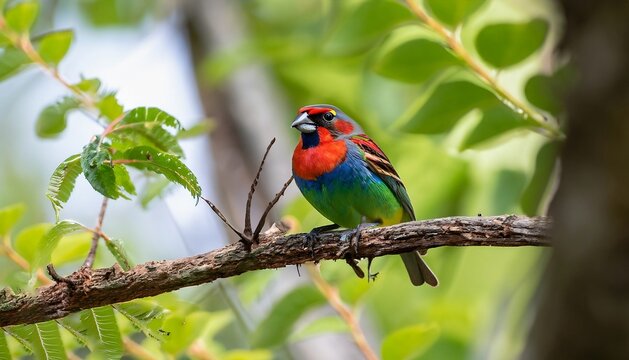 A Painted Bunting bird is seen perched on a tree in a forest in this wide-angle and up-close photo