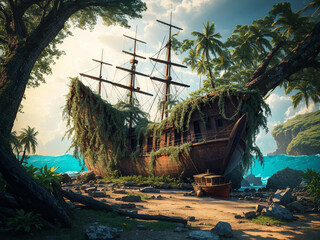 An old pirate shipwreck on a beach with palm trees - AI Generative