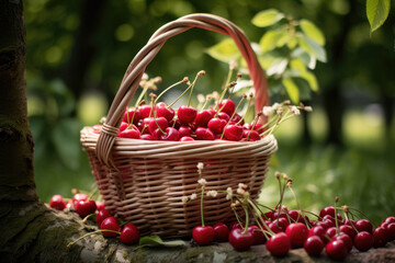 Fototapeta na wymiar Wicker basket full of cherries