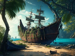 Fotobehang An old pirate shipwreck on a beach with palm trees - AI Generative © Taimoor