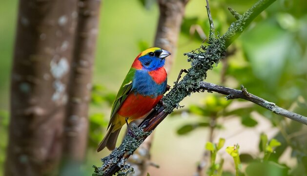 A Painted Bunting bird perched on a tree in a forest is seen from both a wide angle and up-close perspective.jpeg