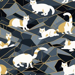 cats seamless pattern in style of kintsugi