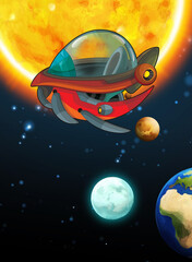 Cartoon funny colorful scene of cosmos galactic alien ufo space craft ship isolated illustration for children