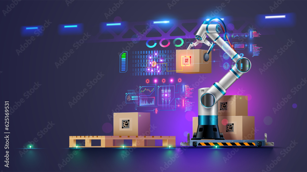 Poster Robot arm work on smart warehouse. Robotic arm puts boxes on pallets. Automation logistics on smart stock storage of products. Industry robot with AI on industry factory. Technology business concept.