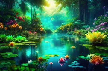 Fototapeta na wymiar dreamy fantasy deep jungle lush vegetation, digital illustration