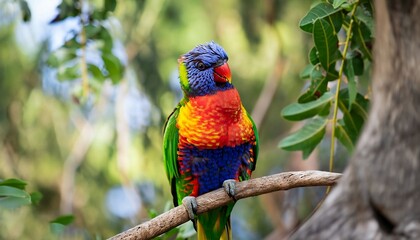 Naklejka premium Close-up and wide angle of Rainbow Lorikeet on a forest tree
