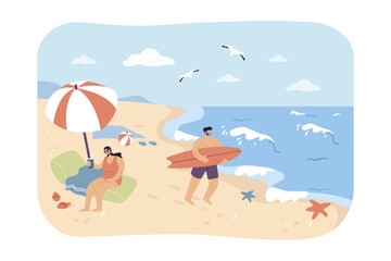 Obraz na płótnie Canvas Happy people having fun on beach vector illustration. Woman in swimsuit drinking lemonade under umbrella while man with surfboard going surfing to ocean. Summer, travel concept