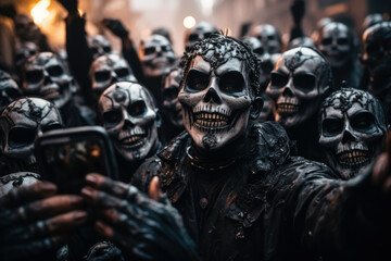 A crowd of people in skull makeup at a Day of the Dead parade; illustration with empty space for text 