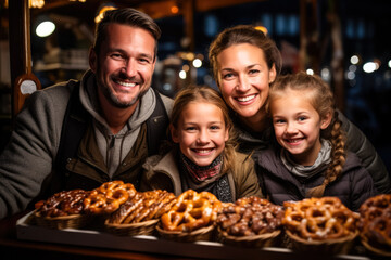 A family in traditional German clothes enjoying pretzels at a food stand during Oktoberfest; illustration with empty space for text 