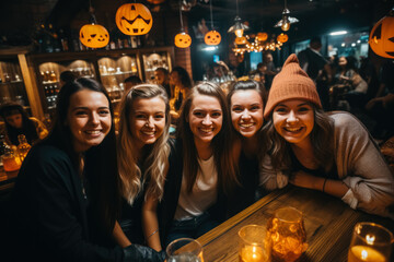 A group of college students dressed in creative Halloween costumes; having a fun-filled party at a local bar; illustration with empty space for text 
