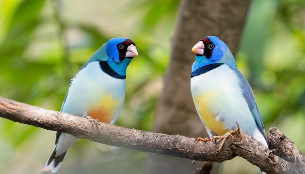 Colorful Gouldian finches shown in dual perspectives