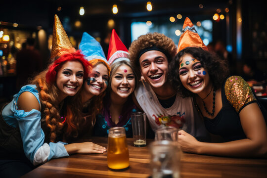 A group of college students dressed in creative Halloween costumes; having a fun-filled party at a local bar; illustration with empty space for text 