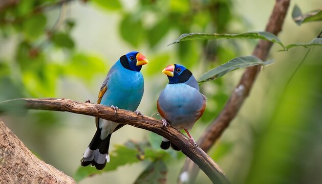 Dual vibrant Gouldian finches featured in wide-angle, close-up