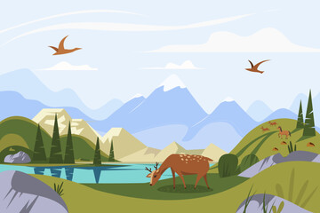 Colorful summer landscape vector illustration. Wild deer eating grass near lake, forests, mountains and animals in background. Summer, nature, wildlife, calming space concept
