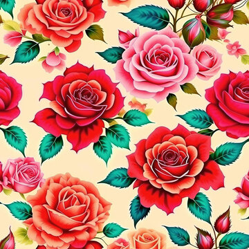 Beautiful rose flower pattern with different flowers. Painting of beautiful vibrant blooming flowers on a light background