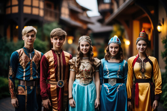 Group Of Teens In Various International Costumes Heading Out For Trick-or-treating; Illustration With Empty Space For Text 