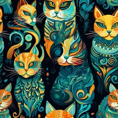 cats seamless pattern in style of majolica