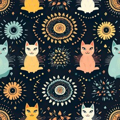 cats seamless pattern in style of mandala