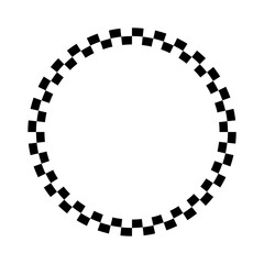 Checkered circle frame isolated on white background. Chequered circular border with black and white alternating square tiles. Checkerboard round race flag vector illustration.