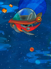 Cartoon funny colorful scene of cosmos galactic alien ufo space craft ship isolated illustration for children