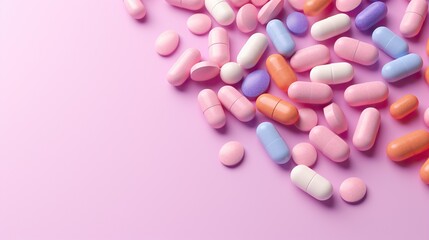 Obraz na płótnie Canvas A myriad of rainbow-hued capsules lay scattered across a soft pink surface, inviting viewers to explore the hidden potential of this intriguing array of medicines and analgesics