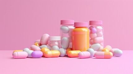 A chaotic array of vibrant pills and bottles scattered across the pharmacy counter evokes a sense of urgency and chaos, hinting at the power of modern medicine to alleviate pain and improve wellbeing