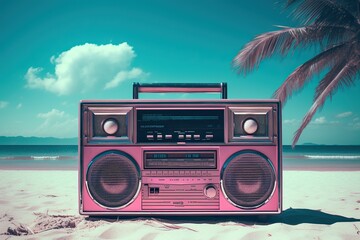On a beach beneath a vibrant sky, a pink boom box sits atop the sand, radiating its music into the open air, cyberpunk synth wave neon color retro futuristic