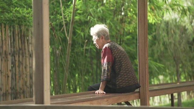 old elderly elder senior woman sitting resting relaxing in japanese garden