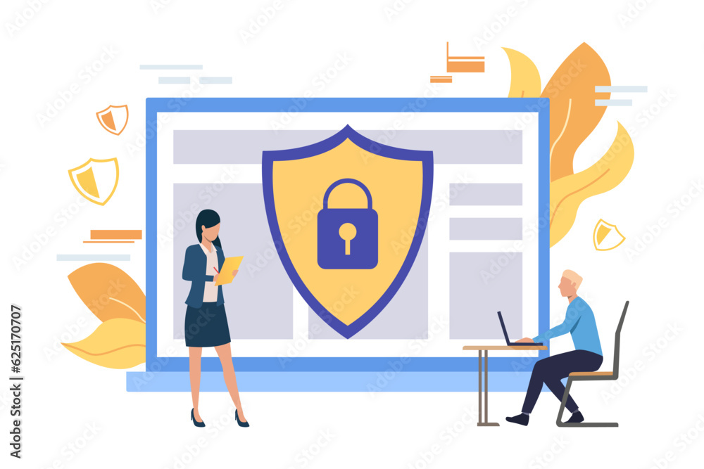 Aufkleber computer protected with shield and padlock vector illustration. workers with laptop developing data 