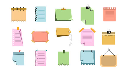 Paper notes on stickers, notepads and memo messages torn paper sheets. Vector blank sticky notepaper posts of meeting reminder, to do list and office notice or information board with appointment notes