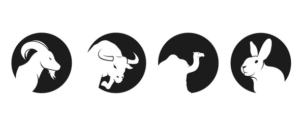 Necessary pictograms set for animals. Goat, buffalo, rabbit and camel.