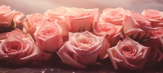 Flowers valentine's day wedding birthday background banner texture, greeting card - Closeup soft pink beautiful blooming roses rose (rosa), with many waterdrops, Generative Ai