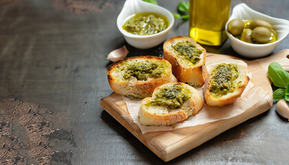 Bruschetta with olive oil, olives, pesto, garlic and parmesan. ciabatta bread with olive oil and spices. Delicacy. Delicious and healthy food. Vegan. Place to copy. copy space.