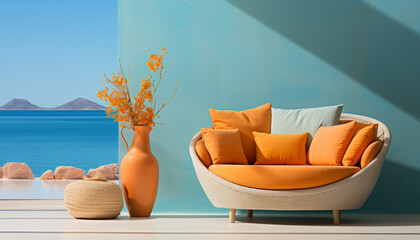 Riviera Relax: Sea View Armchairs for Design Backgrounds...Sea View: Relax on Armchairs with Cushions on the Veranda. Generative AI,
