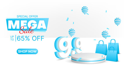 9.9 sale in white and blue color with realistic podium , balloons and shopping bag