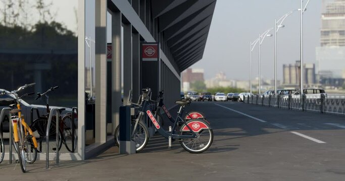 Row of Green bicycles for rent. Electric bicycle charging station. Shared electric bikes parked on city street