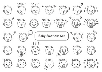 赤ちゃん　ベビー　顔　イラスト　アイコン　バリエーション　セット　モノクロ